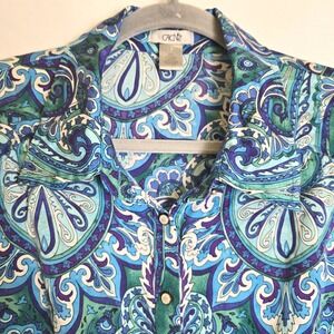Cache Collection Silk Blend Paisley Button-Down Blouse, Blue/Green, Size Large